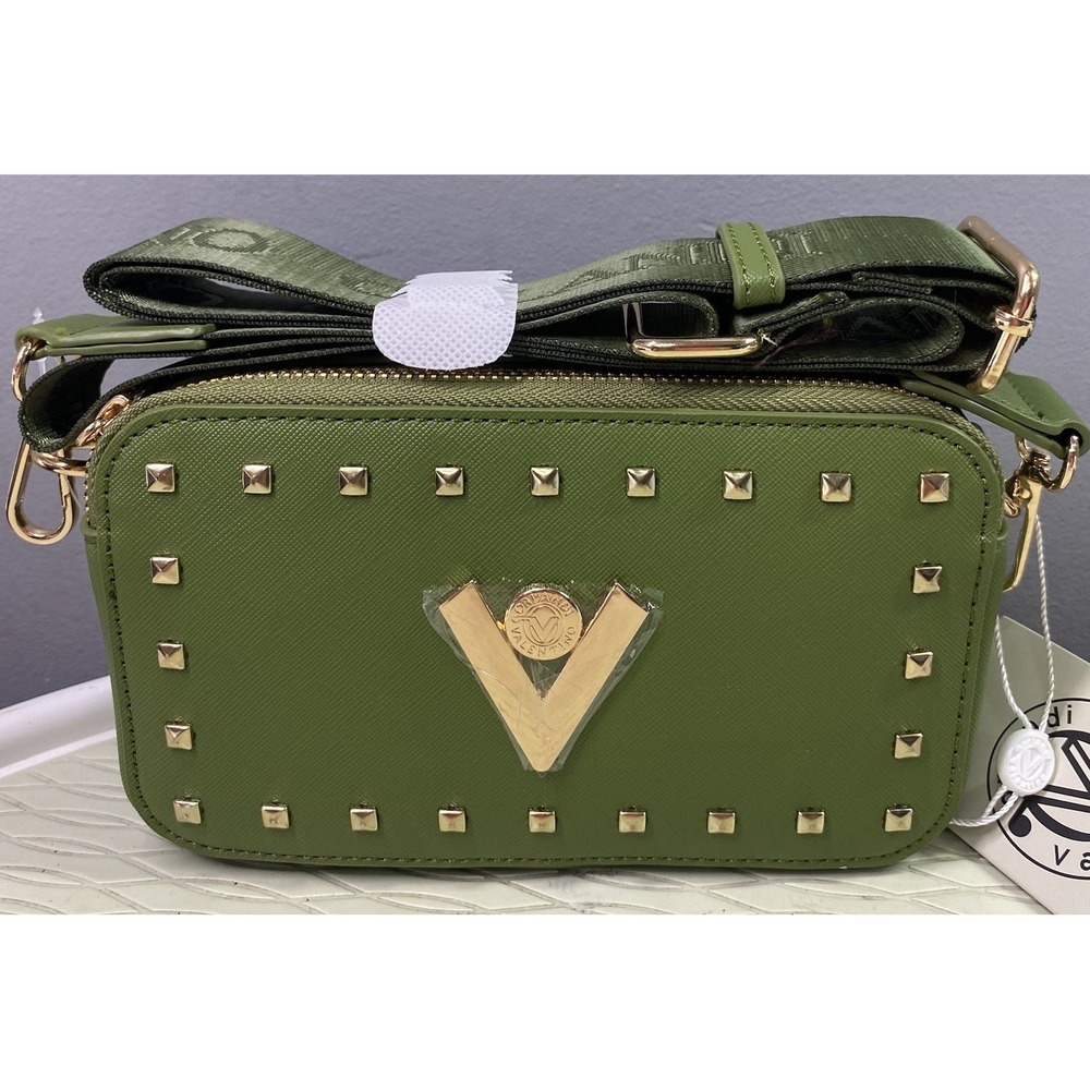 Valentino Orlandi Forest Green  Gold Studs Crossbody Purse Camera Bag 4.25x7x2.5